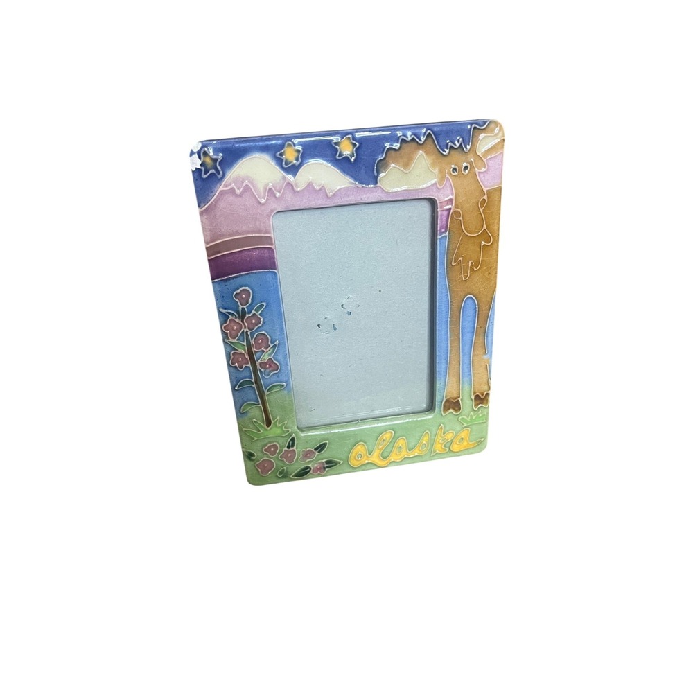 Alaska Souvenir Ceramic Picture Frame Moose Mountain Starry Night Hand Painted
